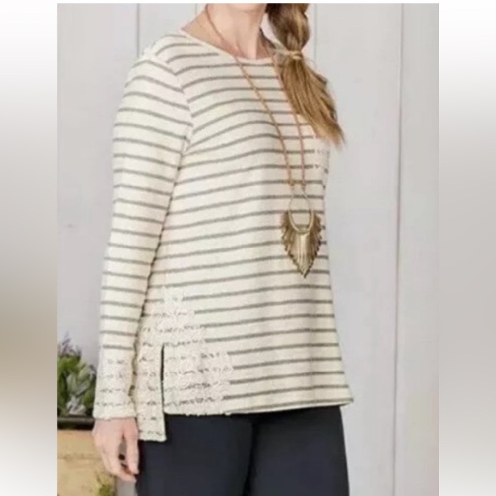 Matilda Jane Classic with a Twist Top Grey and Cream Stripe Lace Trim Drop Cut M